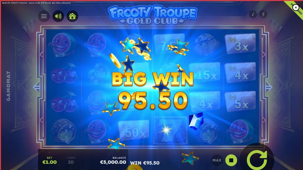 Tampilan antarmuka slot Frooty Troupe – Gold Club dengan tema mewah dan simbol buah emas.